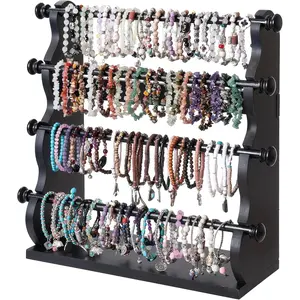 4 Tier Wooden Bracelet Holder, Bangle Watch Necklace Display Storage Antique Bracelet Display Stand  Holder Stand for Store,  and  Storage Black 4 Tier Wooden Bracelet Holder