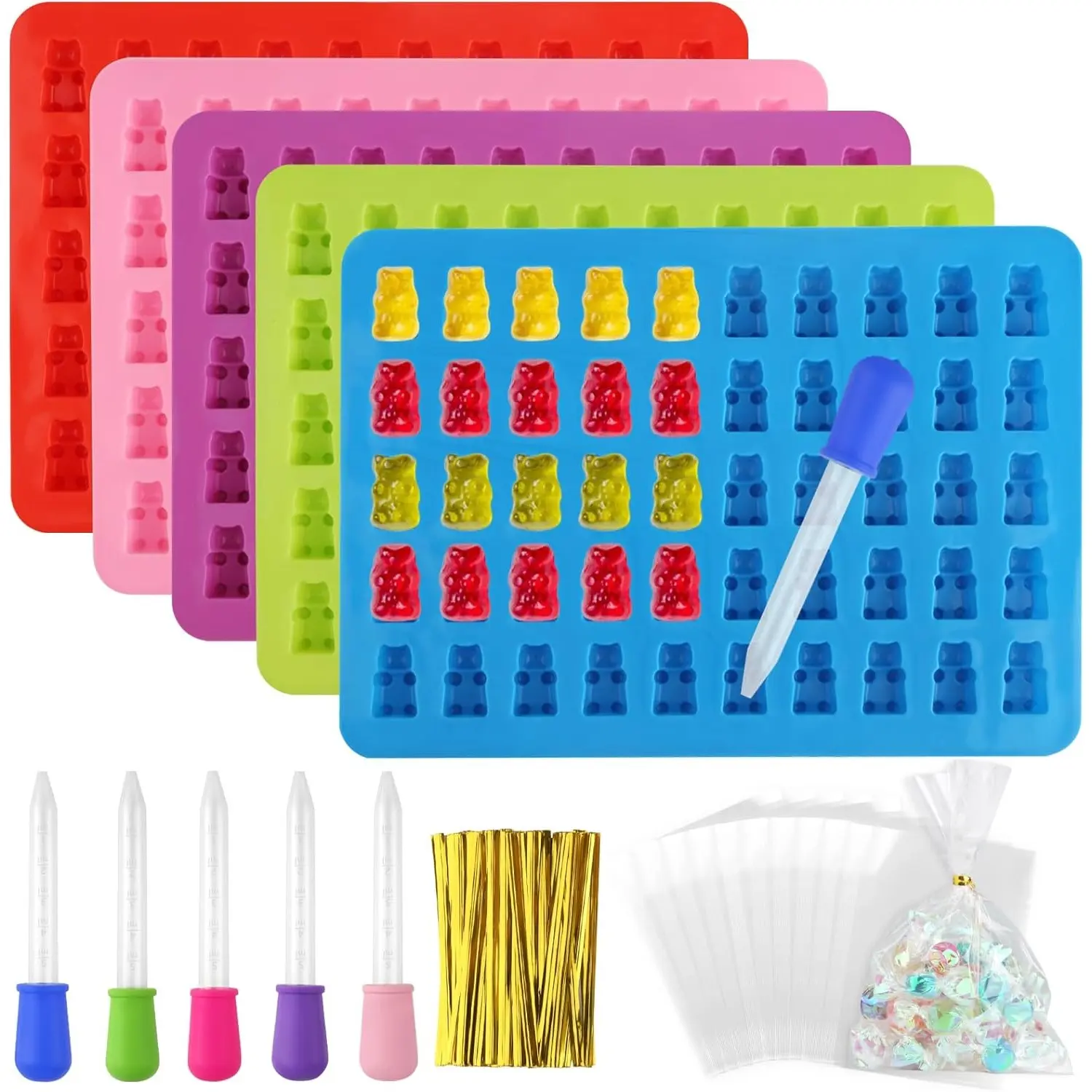 5 Pack Candy Silicone Molds & Ice Cube Trays, 50 Grids Silicone Candy Molds for Chocolate Molds, Jelly, Gummy Bear Soap Molds, with 5 Drops, 100 Cellophane Bags, 100 Twist Bars (18.5 x 13.6 x 1 cm), Car Interior Accessories Utensils Transparent summervibe