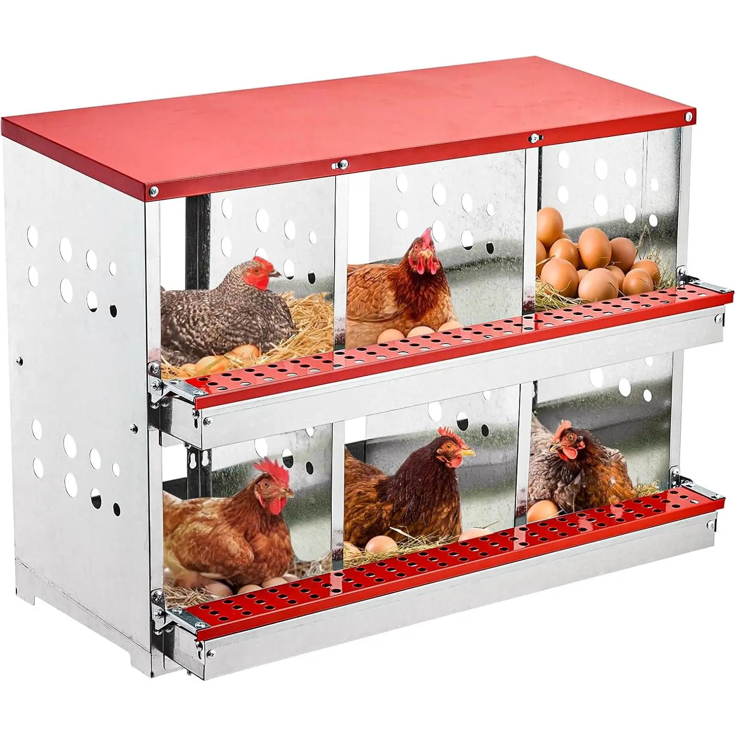 6 Compartment Roll Out Chicken Nesting Box with Basket, Egg Nest Box Chicken Laying Box Hens Chicken Coop Box