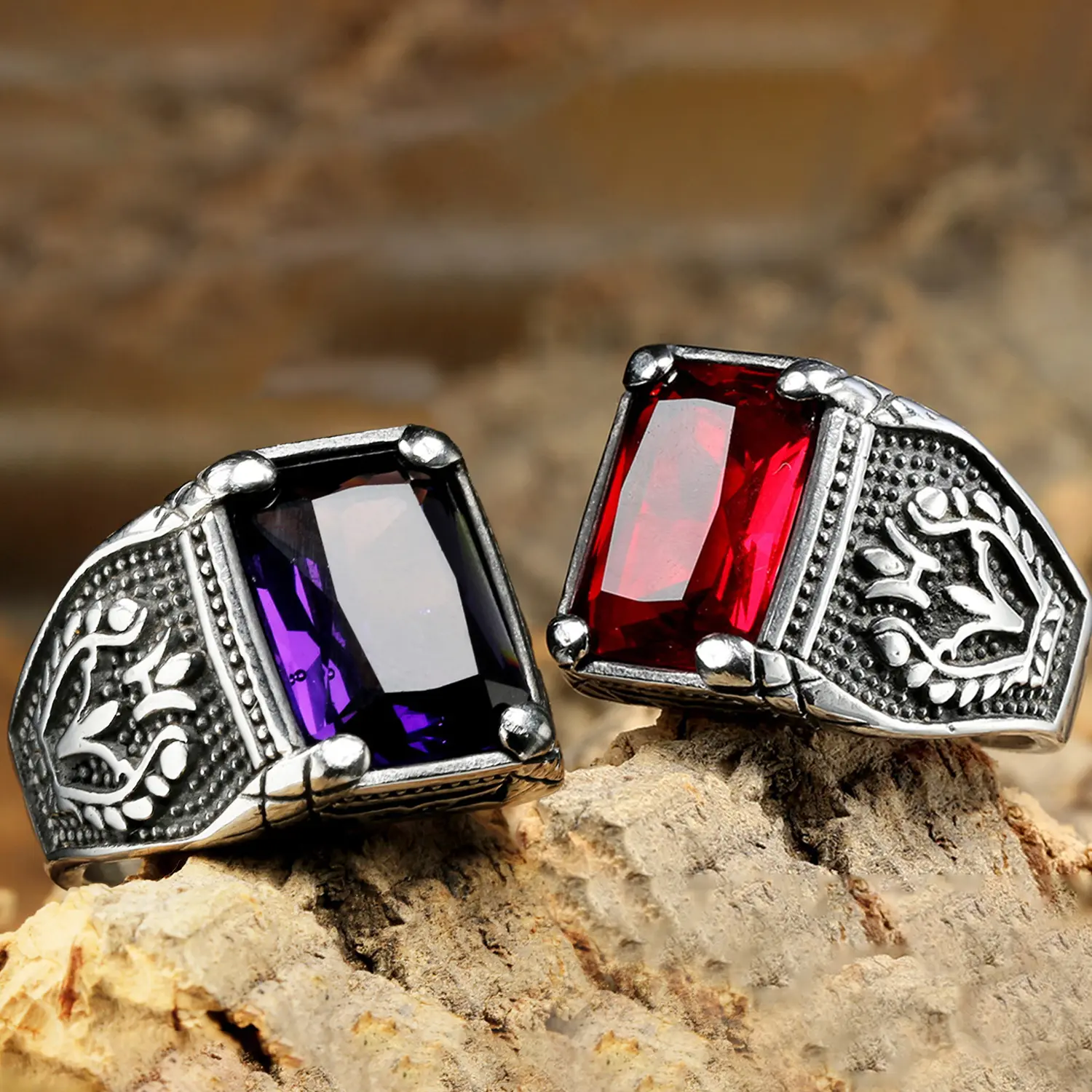 Men's Vintage Domineering Stainless Steel Square Shaped Ring - Hip-hop Style Tulip Totem Costume Jewelry Ring Accessory, Rings