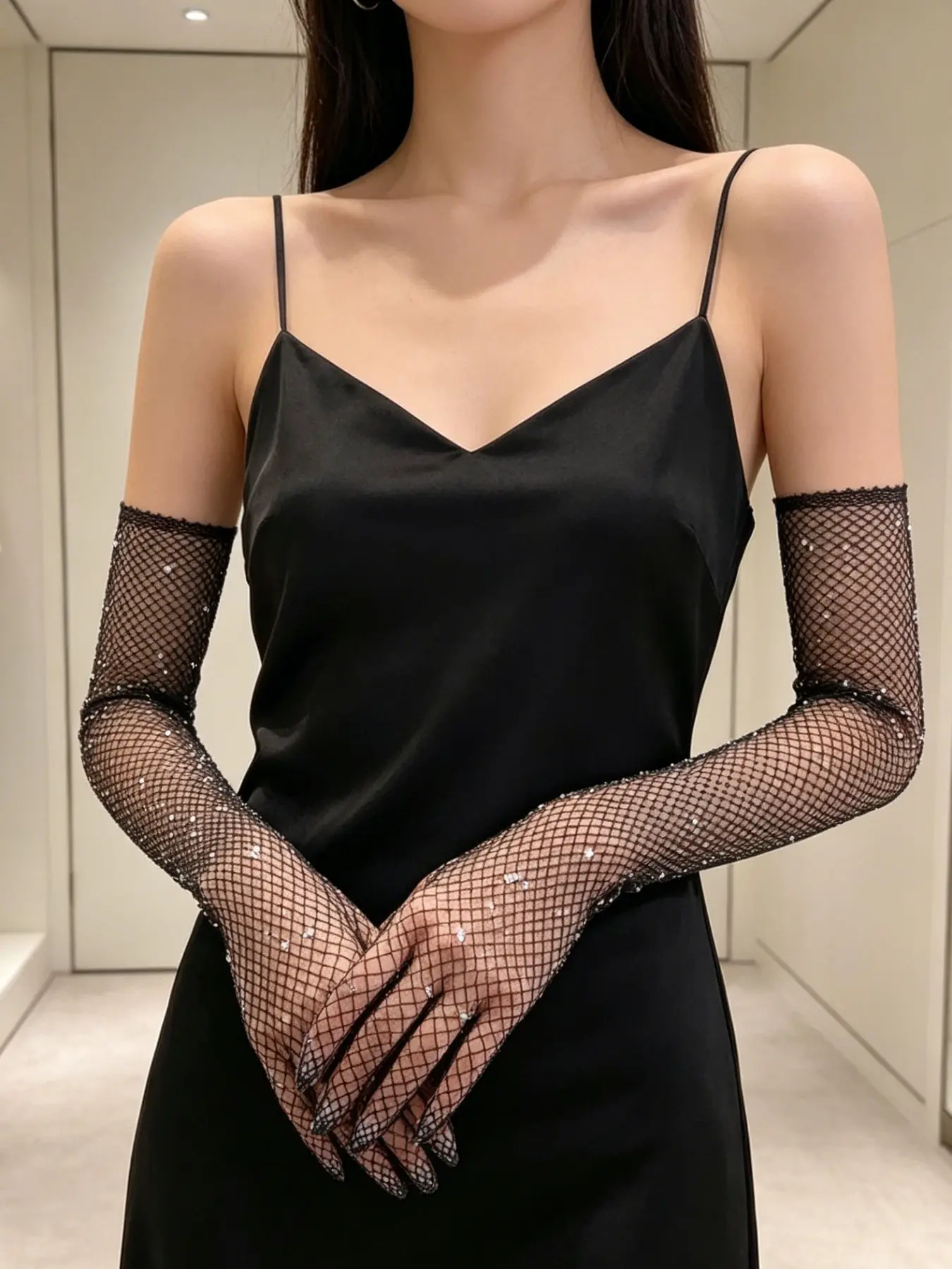 Rhinestone Fishnet Gloves, Long Mesh Fingerless Gloves for Party, Clubbing, Cosplay, Aesthetic, 1 Pair Fashion Accessory