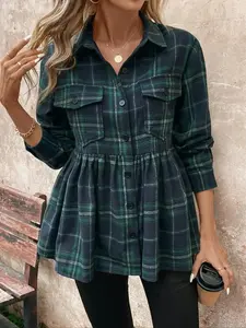 [Plus Size] Plaid Print Button Front Pocket Up Shirt, Casual Long Sleeve Collared Top for Fall & Winter, Girl, Women's Clothes Daily Wear, Down Everyday, Basic, Flattering, Versatile, Comfort, Style, Outfit