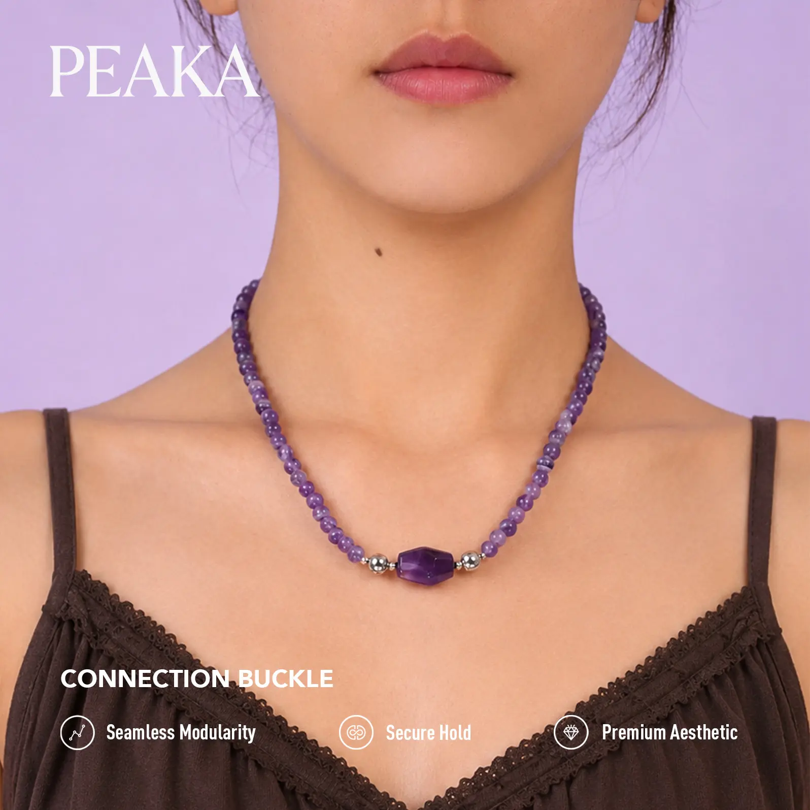 Peaka Amethyst Charm Pendant and Amethyst Necklace, Crystal Jewelry Set for Women, Magnetic Clasp Jewelry