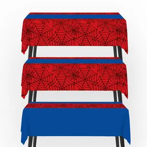 Uflashmi 3PCS Spider Themed Tablecloth Disposable, Plastic Spider Table Cloth for Birthday Party Decorations, Spider Web Table Cover Rectangular, 54'' x 108'', Red and Blue
