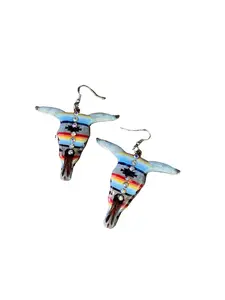 Blazin Roxx Serape Bull Skull Earrings 30950Bull Skull Silhouette Colorful Serape Inspired Pattern Rhinestone Accents Fishhook Ear Wires Lightweight Western Statement Earrings