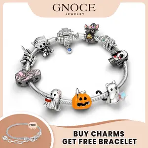 GNOCE Halloween Charm Bead for Bracelets Cubic Zirconia & Enamel Pumpkin Skull Coffin Cat Ghost Beads for Women Girls Dark Gothic Punk Style Fits Snake Bracelets Necklaces