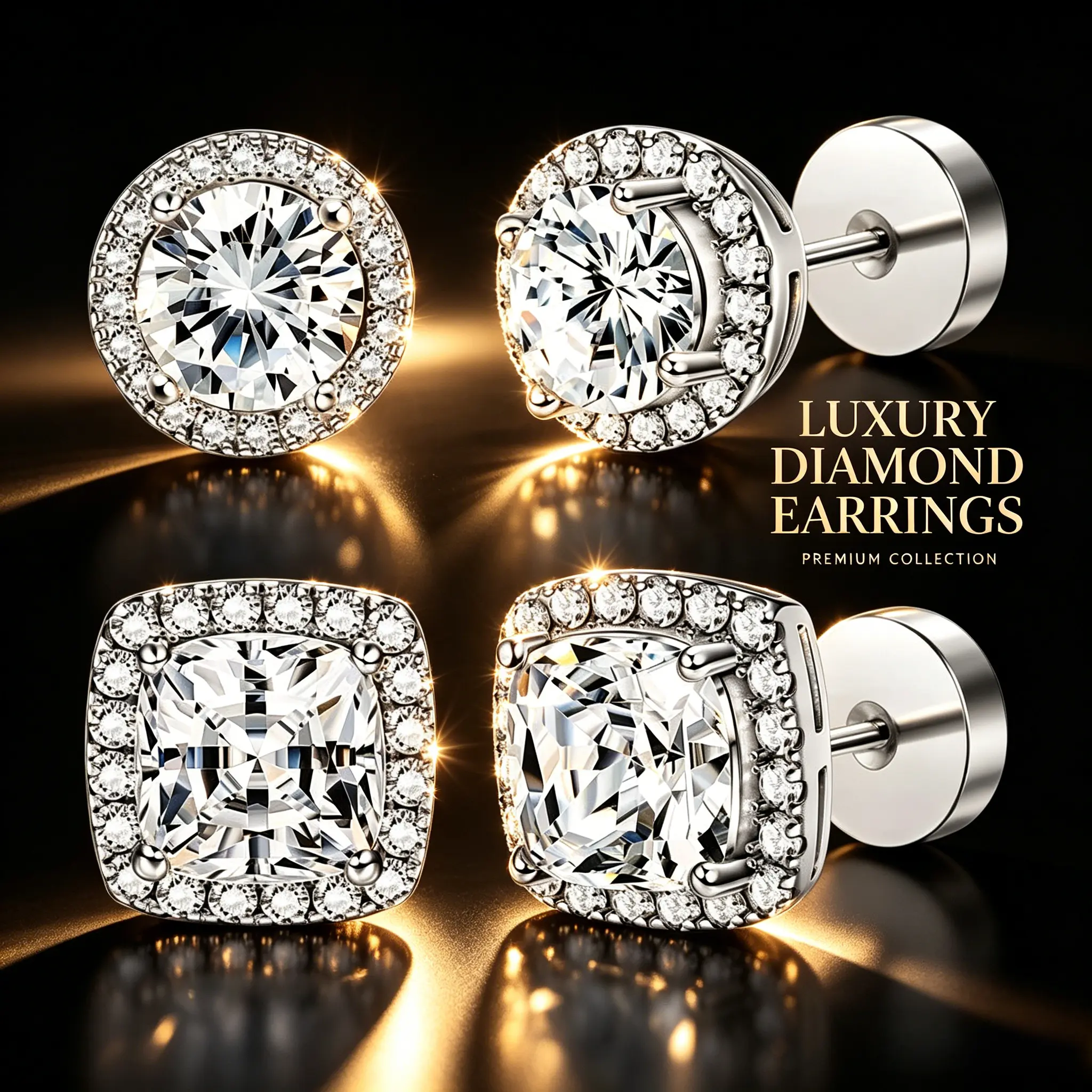 2 pair Earring 18K Gold Plated Set for Men and Women. Features VVS - cut round and square gemstone earrings. These delicate, elegant and stylish accessories are for pierced ears