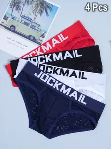 Men's Breathable Mesh Underwear Set, 4 Pcs Mixed Colour , Casual Slim-Fit Low Waist Briefs, All-Season Comfort, Knit
