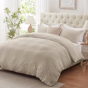 Linen Duvet Cover  Size, 3 count Bedding Duvet Covers, Soft Breathable Seersucker Duvet Cover Set with Zipper Closure and Corner Ties (1 Duvet Cover 90"x90" + 2 Pillow Shams 20"x26")