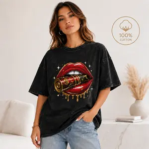 Vintage Washed Graphic Tee, Red Lips Money Roll Print Oversized T-Shirt, Unisex Streetwear Top