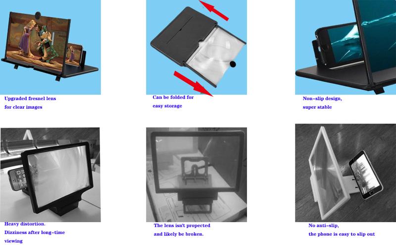 12英寸手机屏幕放大器，3D高清手机放大投影屏幕，适用于电影、视频，可折叠手机支架带屏幕放大器，支持所有智能手机（黑色，12英寸）