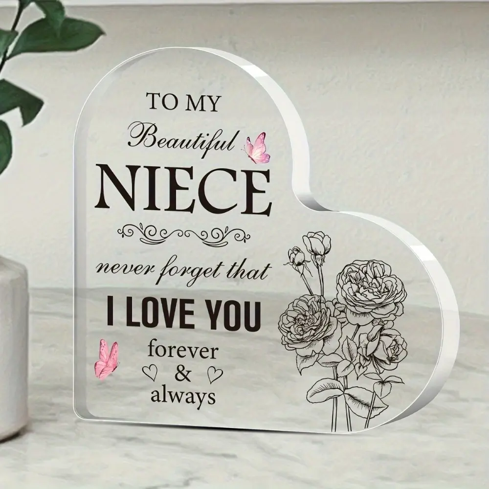 Heart-Shaped Acrylic Signage Plaque Memorial Keepsake for Niece, I Love You Engraved Sign, Floral Design, Desk Signage Decoration, Perfect Gift for Any Occasion