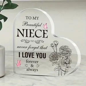 Heart-Shaped Acrylic Signage Plaque Memorial Keepsake for Niece, I Love You Engraved Sign, Floral Design, Desk Signage Decoration, Perfect Gift for Any Occasion