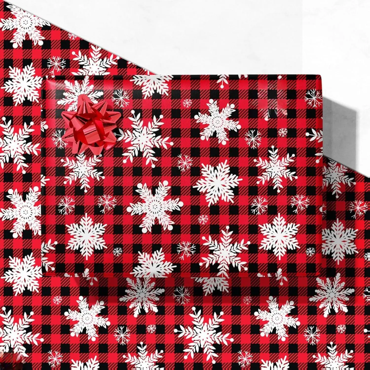 GIOLNIAY Christmas Wrapping Paper for Men Women Kids - Xmas Gift Wrap with Snowflakes on Red & Black Buffalo Plaid - 4 Jumbo Sheets 28″×40″ Each - Premium Quality Holiday Wrapping