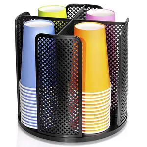 Rotating Paper Cup Dispenser, Cup Holder with 4 Compartments, Disposable Coffee Cup Dispenser Removable, Plastic Cup Storage & Lid Holder Organiser for Countertops, Kitchen, Coffee Stations, Hollow