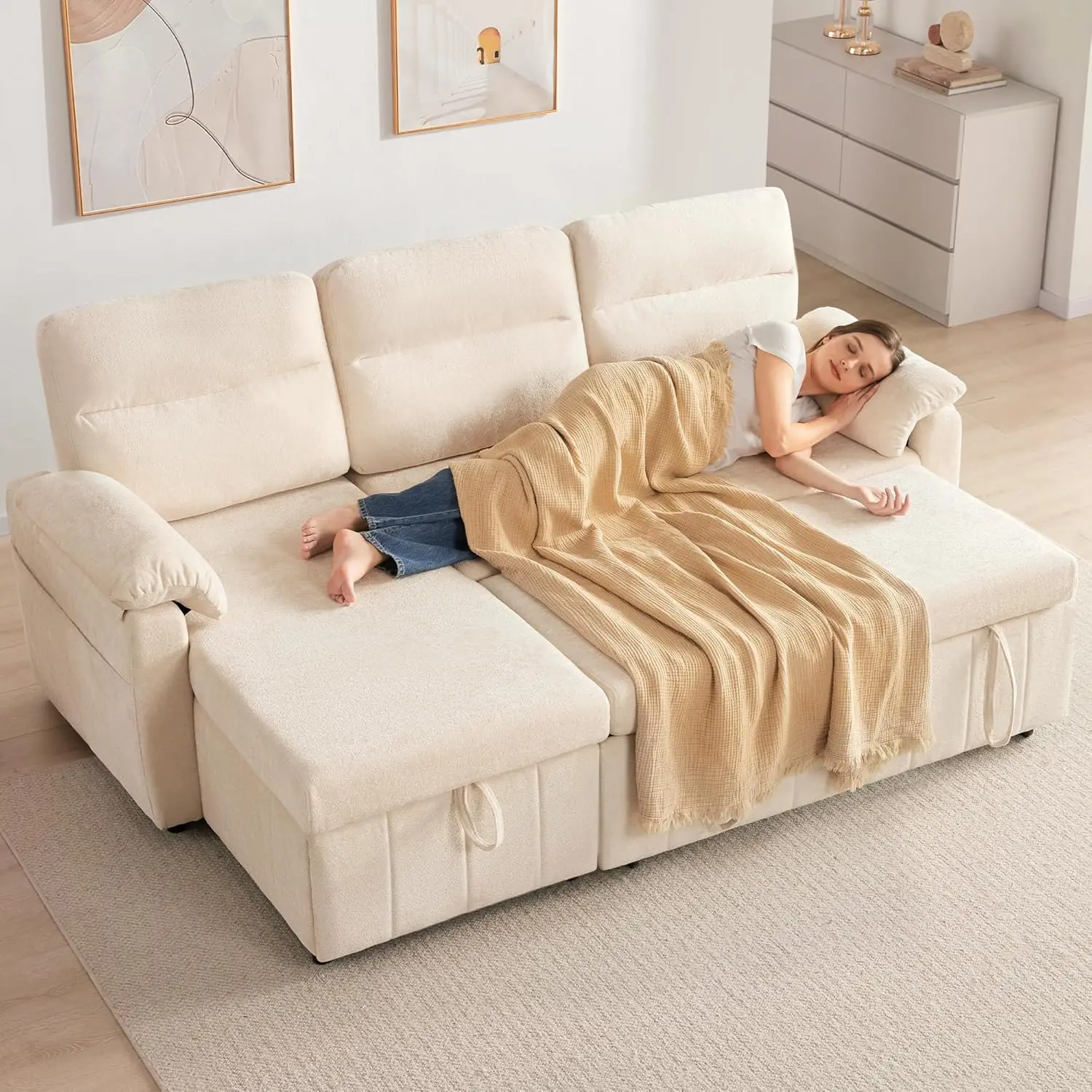 Tbfit 84-in Cloud-Seat Sleeper Sofa Bed - Pull-Out Couch with Reversible Storage Chaise, USB Charging Ports, Beige, Cloud-Seat Sofas & Couches