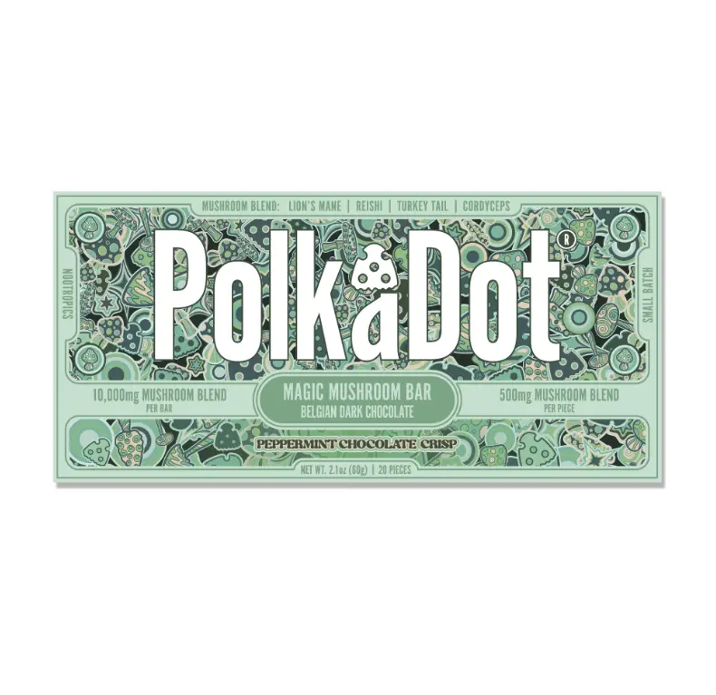 Polkadot Belgian Chocolate, Peppermint Chocolate Crisp, 20 Count, High Potency Plant-based Mushroom Snack, 100% Organic, High-Quality Ingredients, Made in USA, All Natural, Healthy Chocolate, 20 Piece Chocolate Bar