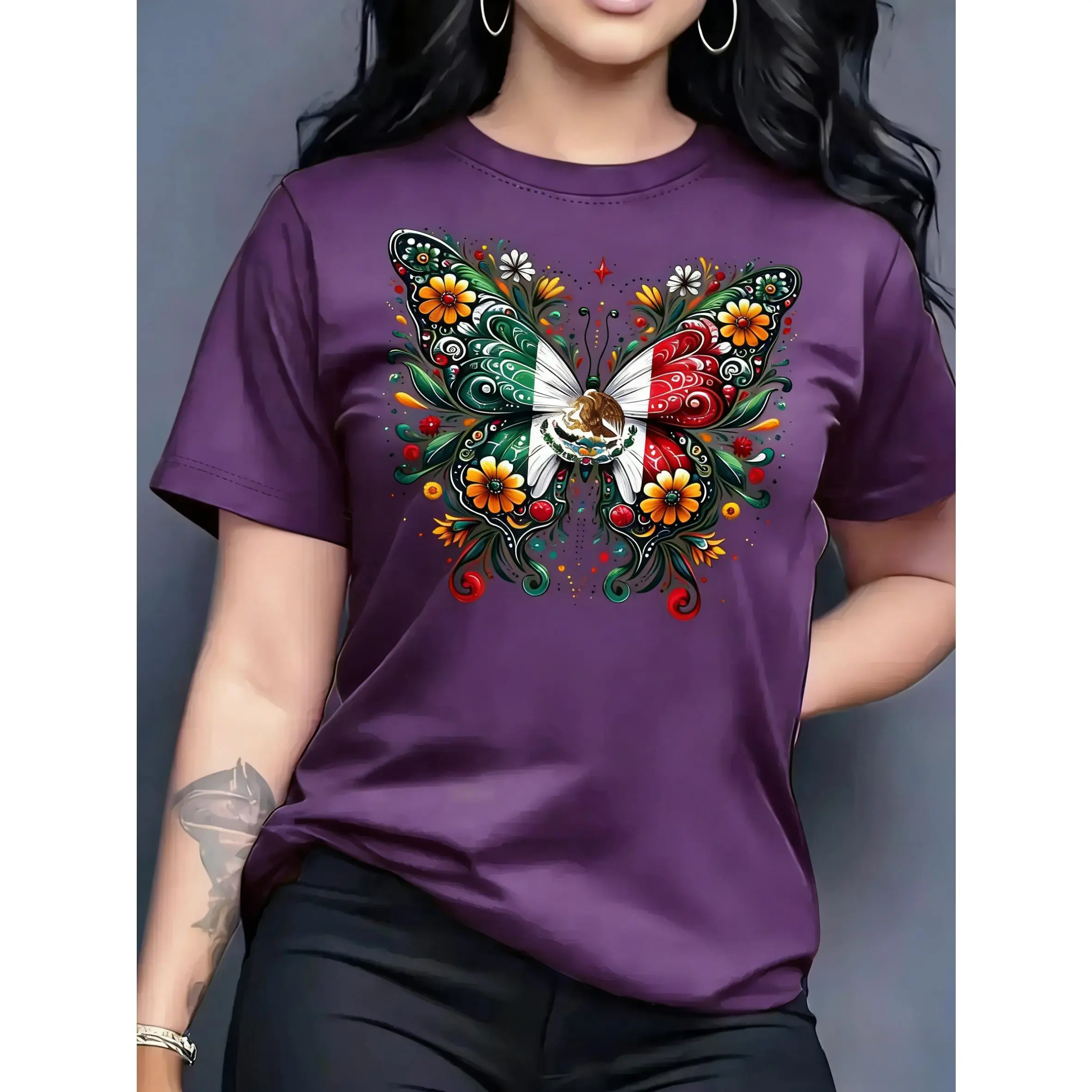 Women's Oversized Butterfly Graphic T-Shirt, Casual Printed Short Sleeve Tee with a Classic Fit in 100% Smooth Cotton Fabric, Tshirt, Basic, Boat Neck, Side Seamless, Butterfly Print, Short Sleeves, True Size Fit, Shortsleeve, Top, All Seasons, Lady, Asym