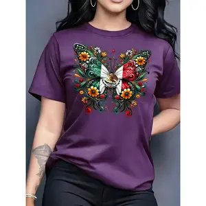100% Pure Cotton Material, Casual Comfortable Versatile, Multi-Color Optional, Mexican Butterfly Print Women's Casual round Neck Short Sleeves T-shirt