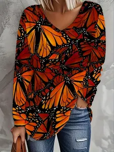 【Plus Size】Butterfly Print V Neck Long Sleeve Top, Comfortable Loose Fit Casual Commuter Women's Fashion, Tiktok Trendy Style
