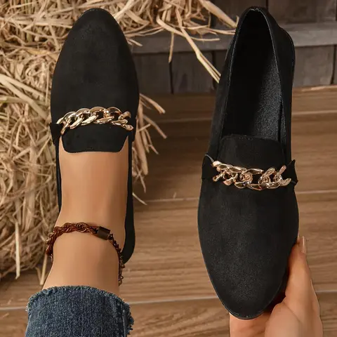 Women's Fashionable Chain Decorated Slip on Flats, Casual Pointed Toe Flat Shoes for Daily Wear, Lightweight Breathable Comfortable Walking Shoes for Women & Girls, Chain Decoration