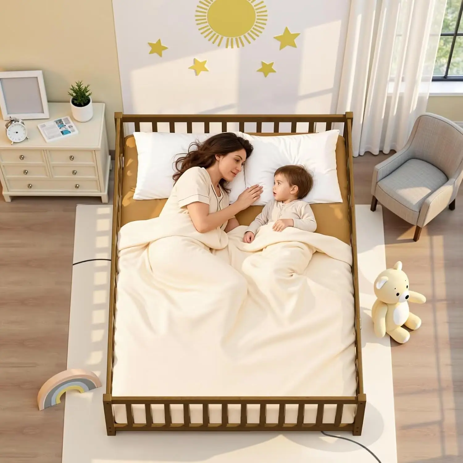NEKODO Montessori Floor Bed with Safety Door & Fence, Wooden Slat Support, Twin/Full/Queen Size Kids Bed Frame for Boys Girls, Multi Color Options for Children Bedroom