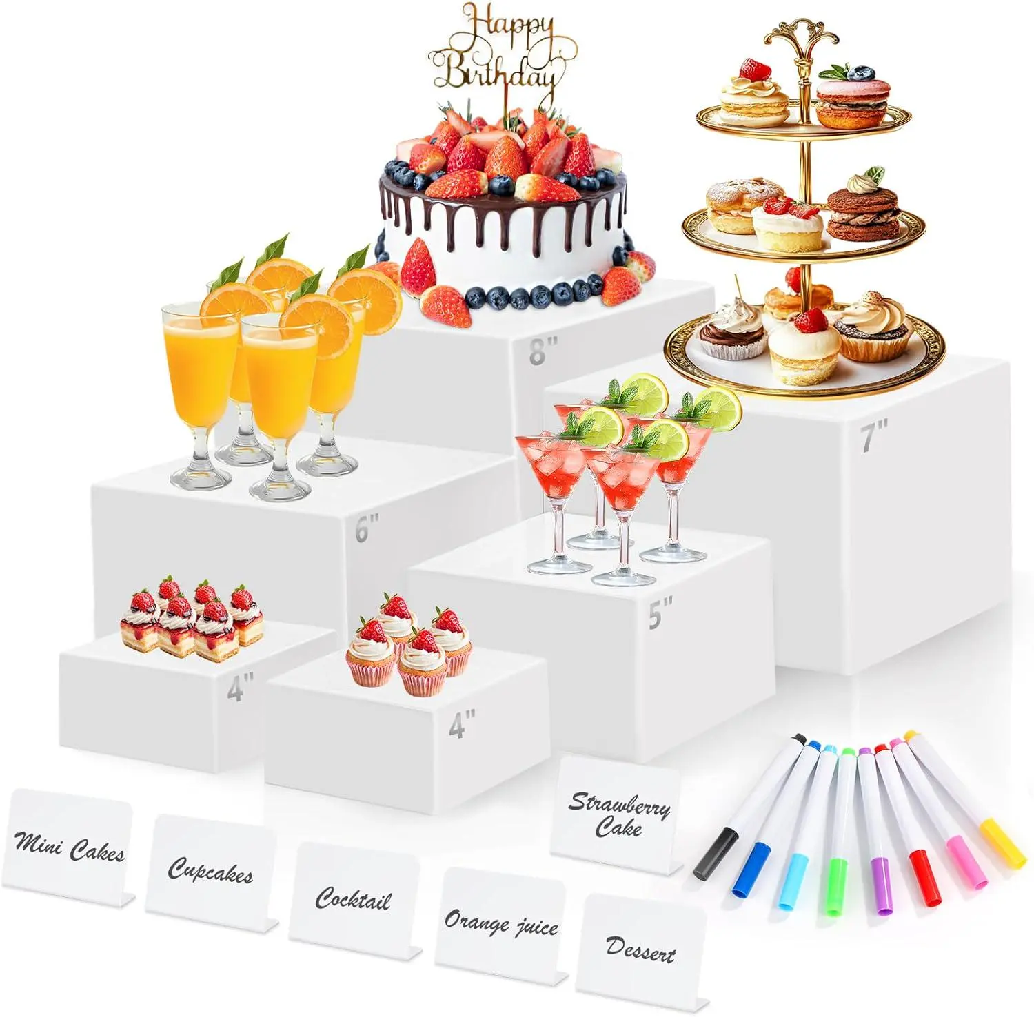 6 Pcs White Acrylic Buffet Risers with Mini Sign & Marker – Nesting Cube Boxes with Hollow Bottoms (8",7",6",5",4",4") for Food Display, Dessert, Jewelry, Party Catering & Collectibles