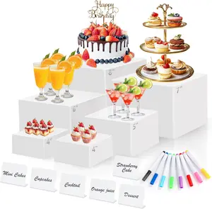 6 Pcs White Acrylic Buffet Risers with Mini Sign & Marker – Nesting Cube Boxes with Hollow Bottoms (8",7",6",5",4",4") for Food Display, Dessert, Jewelry, Party Catering & Collectibles