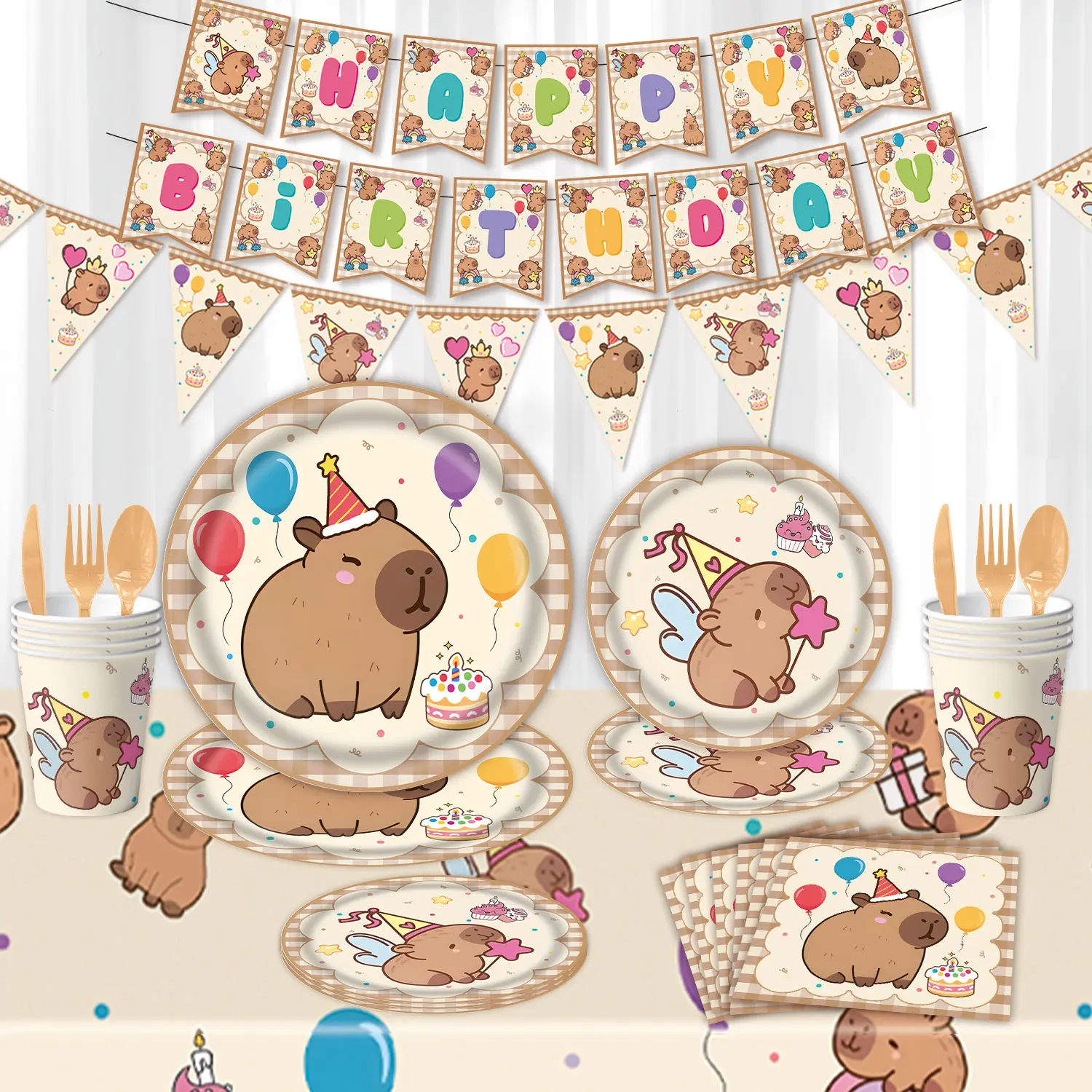 Capybara Birthday Party Kit - Disposable Tableware, Napkins, Happy Birthday Banner, Balloon Backdrop, Festive Home Celebration Decorations