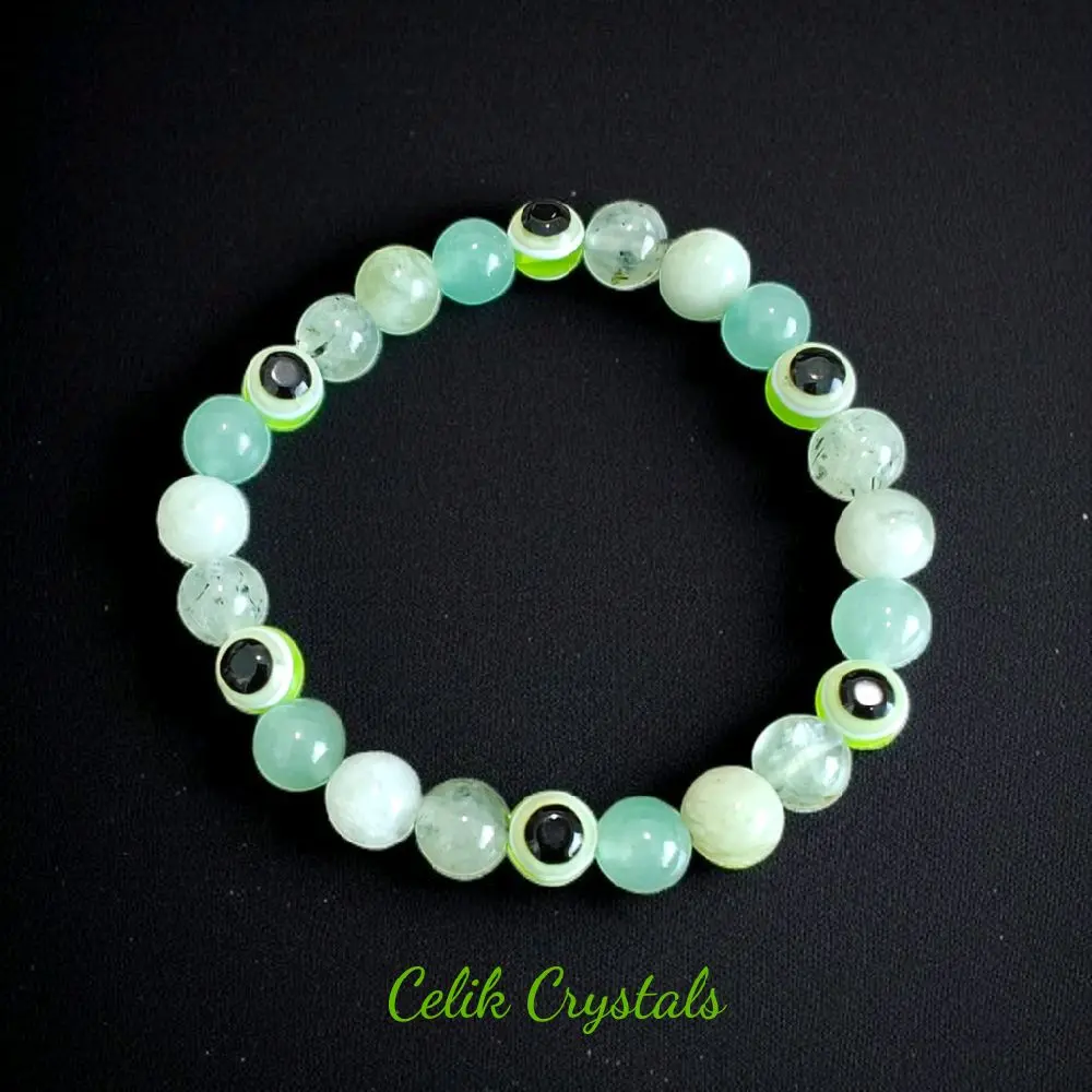 8mm Handmade Unisex Natural Crystal Bracelet - Evil Eye, Prehnite, Green Aventurine, Serpentine Crystal Stones, Energy Bracelet for Protection & Grounding, Gift Ideas for Any Occasion