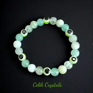 Evil Eye Prehnite Green Aventurine Serpentine Bracelet 8mm Handmade Unisex Healing Crystal Protection & Grounding Energy Jewelry