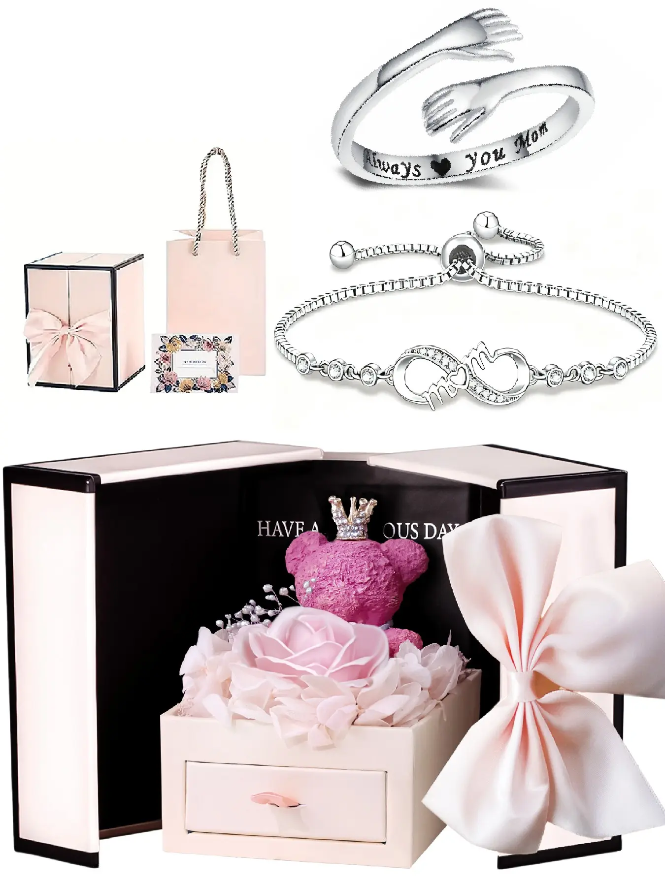 'always You Mom' Engraved Love High Quality Bracelet, Mother's Day Gift Box with Bear Rose, Inspirational Card, Elegant Daily Jewelry Set
