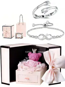 'always You Mom' Engraved Love Bracelet, Mother's Day Gift Box with Bear Rose, Inspirational Card, Elegant Daily Jewelry Set