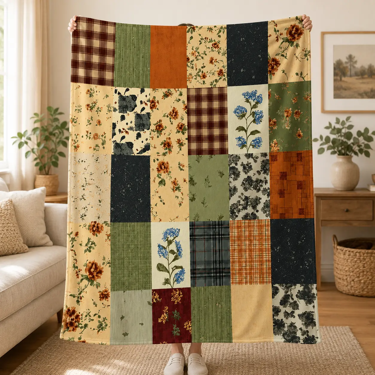 Vintage Patchwork Flowers Flannel Throw Blanket - Flannel Fabric, Plaid Panels, Rustic Farmhouse Decor, Cottage Garden Print, Cozy Sofas Accessory, Country Rooms Accent, Ideal Gift for Decor Enthusiasts