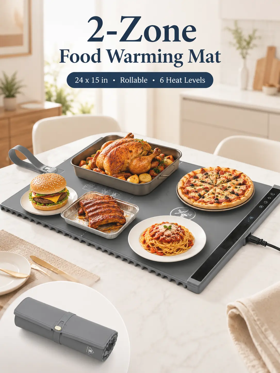 2-Zone Heating Food Mat, 24"X15" Warming Mat with 6 Heat Settings and 3-Hour Timer, Rollable Full-Surface Warmer, Anti-Slip Heat-Insulated Pad for Meals