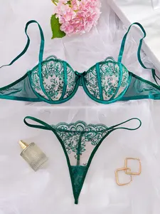 Women's Fashionable Semi-transparent Embroidered Lingerie Set, Push-Up Bralette with Bow Detail, Elegant Design Adds Seductive Charm, Comfortable & Breathable Bra and Panty, 2-Piece set for Daily Wear