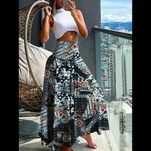 Women’s wide-leg pants with an ethnic pattern and a shirred waist; boho casual high-waisted trousers for daily wear and holidays/vacations; women’s bottoms suitable for all seasons; everyday bohemian wide-leg overall.