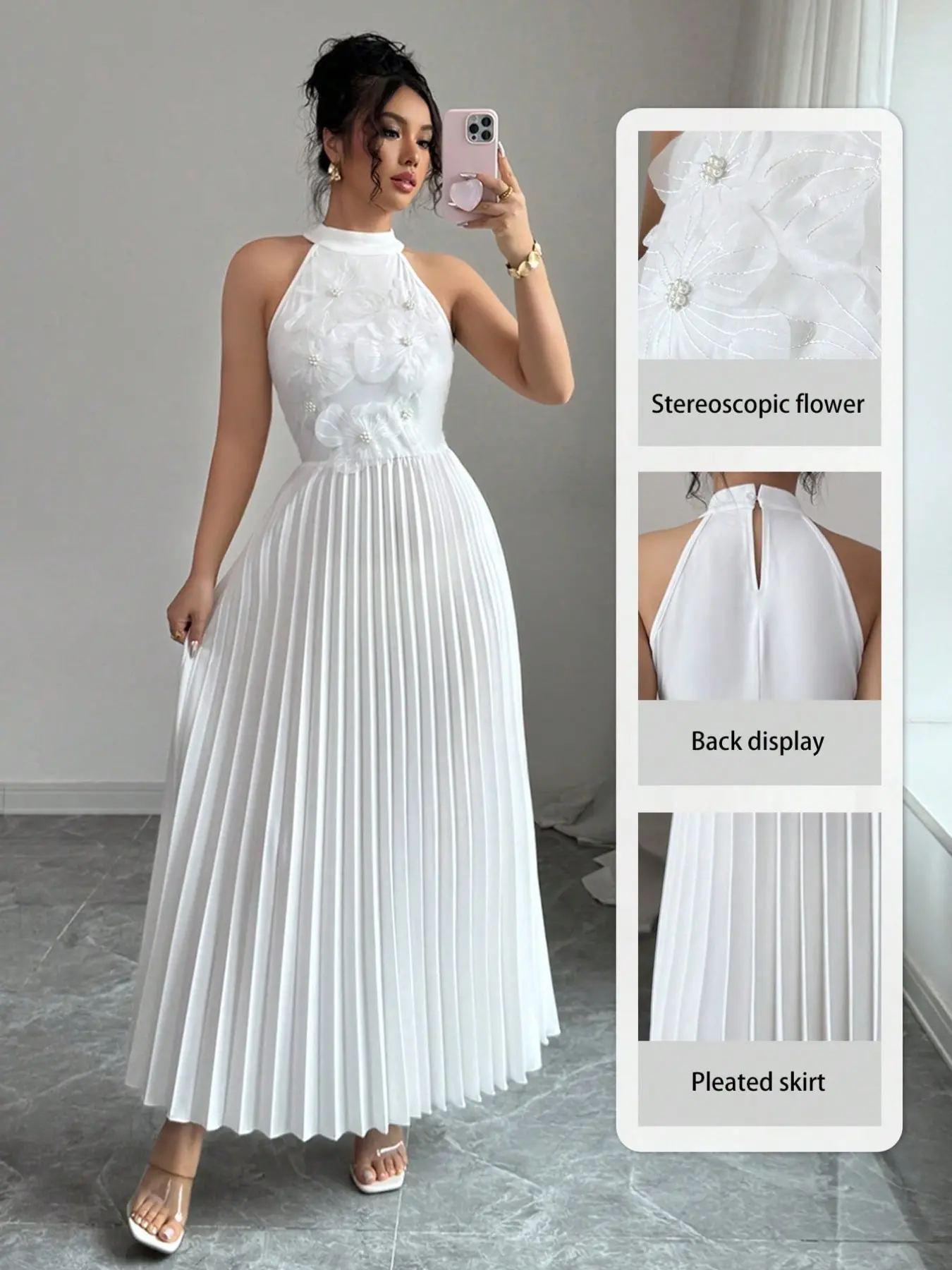Elegant Women's Dress, Chic Pure Color Floral Pressed Pleat Halter Neck Sleeveless, Pleated, Fashionable Summer Clothing, Comfortable & Stylish Design, Elegance