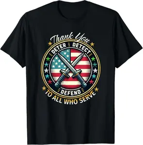 Thank You Deter Detect Defend Crossed Swords Circular USA Flag Veteran T-Shirt | USA 250th Anniversary Military Patriotic 4th Of July Tee S-3XL