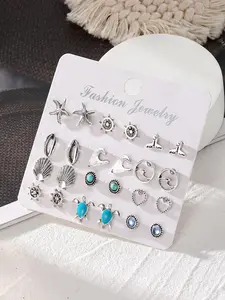 Boho Style Turquoise Texture & Starfish & Sea Life Design Stud Earrings, Fashion Jewelry for Party, Daily  Decor, Trendy All-match & Exquisite Jewelry for Gift, Studs Earrings