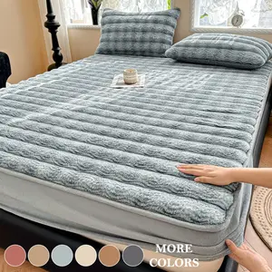 Faux Rabbit Fur Striped Fitted Sheet 3-Piece Set – Luxurious, Soft & Warm Solid Color Bedding, Premium Set (Includes 1 Fitted Sheet + 1/2 Pillowcases), All-Season Use, Perfect for Bedroom, Dorm, Sofa, Fluffy & Cozy, Ideal Christmas Gift