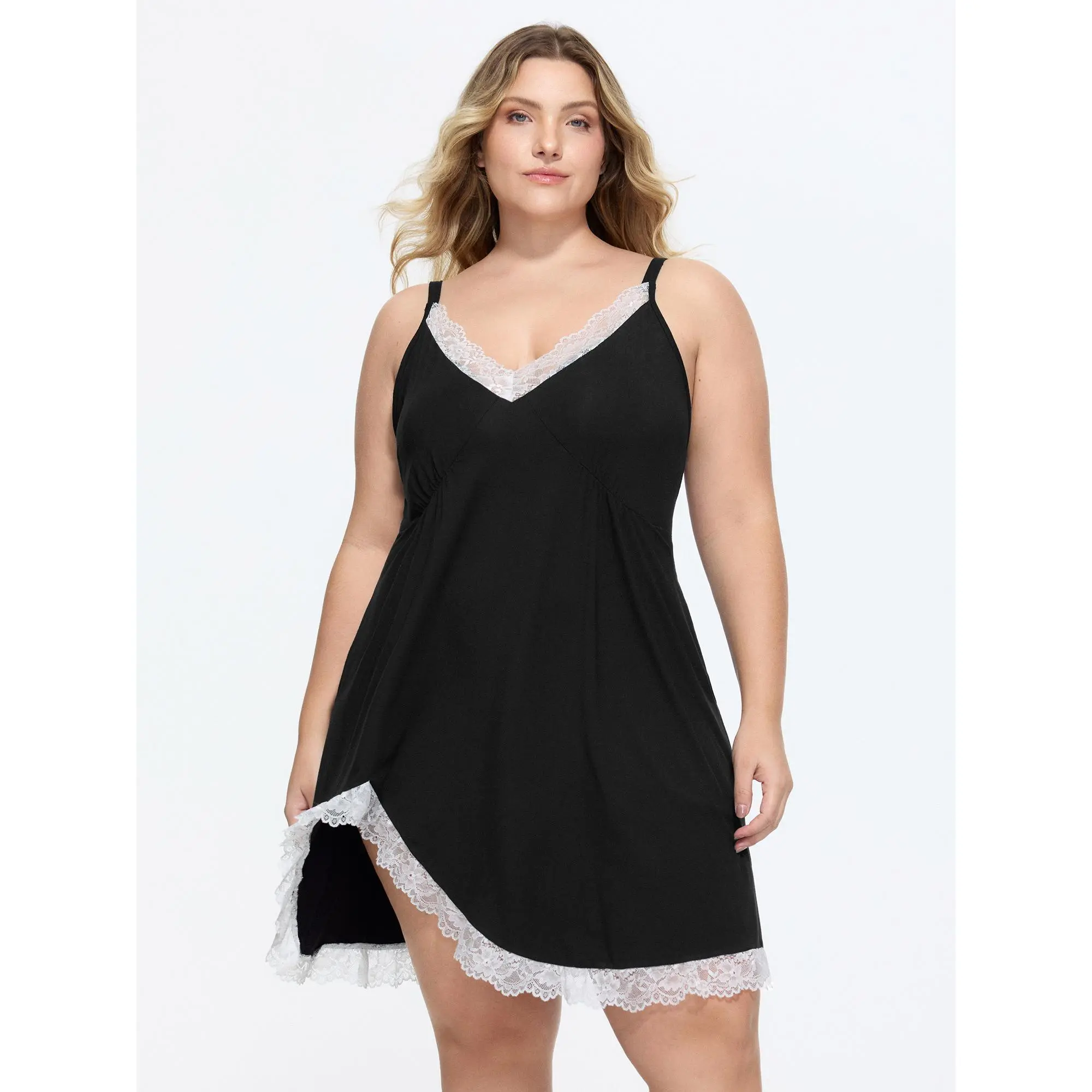 BLOOMCHIC Plus Size Sleeveless Spandex Loungewear Nightwear Garment - Supersoft Stretchy Lace Color Contrast Night Gown [M-6X] 2026 Spotlight, Summer Deal, Fabric, Fit, Lady, Pocket, Women, Contrast Lace, Basic, Nightgown, Plain, Nylon, Lace Trim