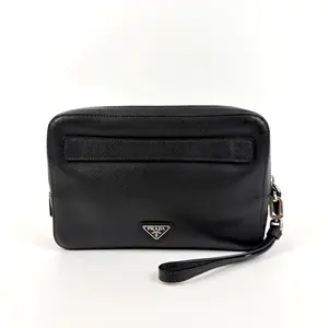 Pre-owned Cowhide Leather Clutches & Wristlets Prada Black Silver Cross Hatch Calfskin Leather Handbag ,Sku：SH30