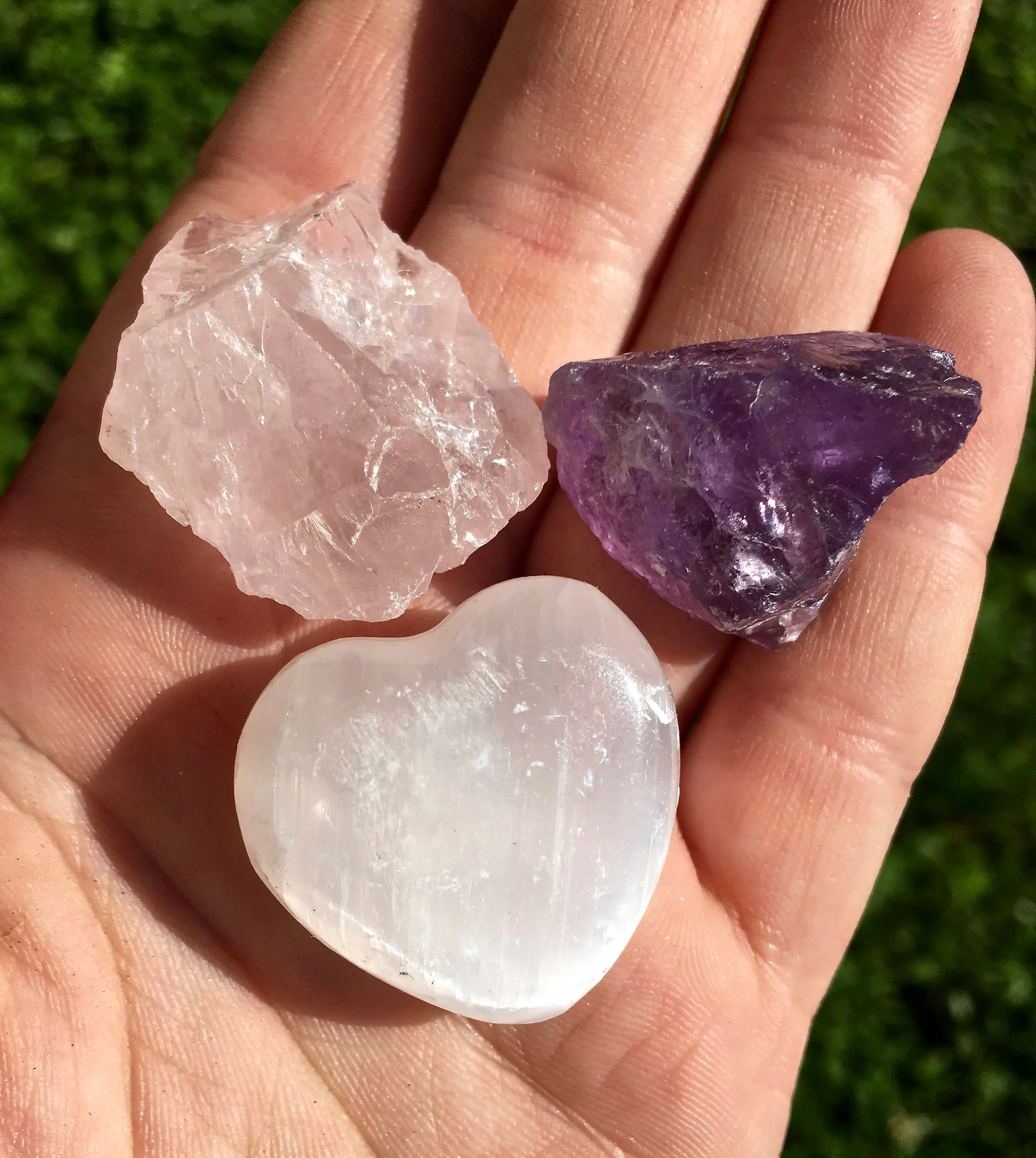 Love is in the Air Crystal Set (Polished Heart & Raw) - Love, Spiritual Connection, Purification - Amethyst, Rose Quartz, Selenite