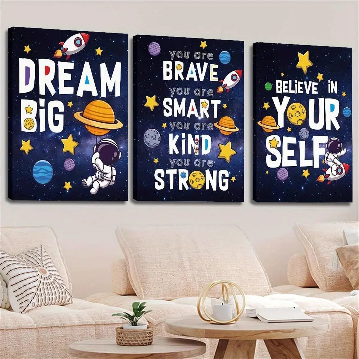 3pcs/set frameless outer space room decoration featuring astronaut wall art, Canvas Prints, Modern Home Decor, space-themed wall decor, planets, cosmic theme, Space Theme Design, astronaut and inspiration