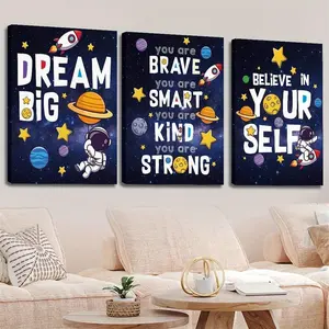 3pcs/set frameless outer space room decoration featuring astronaut wall art, Canvas Prints, Modern Home Decor, Home Decor Accessory, inspirational space-themed wall decor, planets, space wall decoration, cosmic theme, vibrant astronaut and inspiration