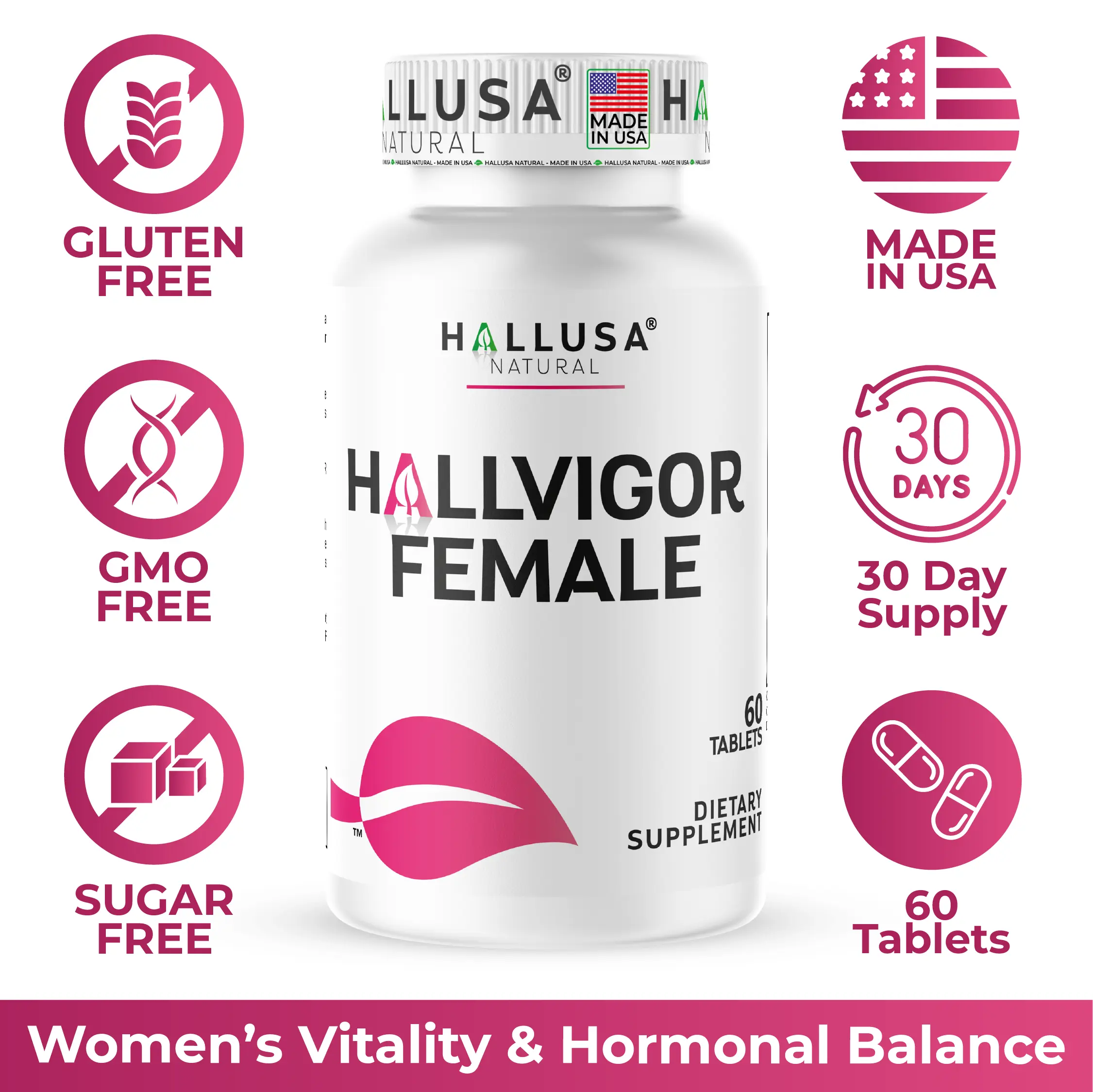 Hallusa Natural Hallvigor Female Multivitamin - 60 Caps Single Bottle, Women's Energy & Intimate Support Dietary Supplement with Asparagus, Broccoli, Ginseng, Iron, Magnesium, Antioxidants