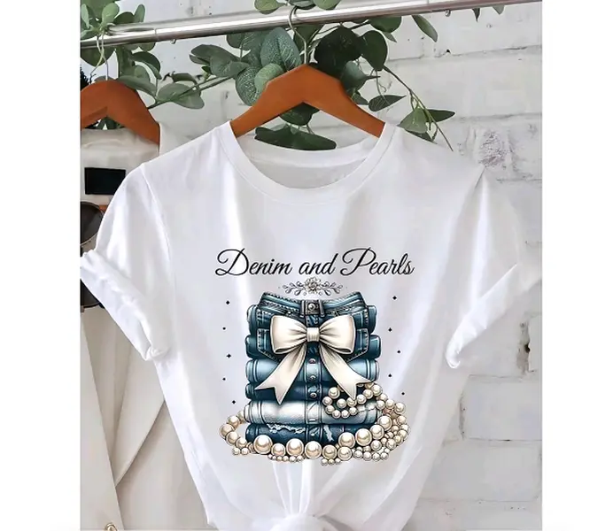 Denim and Pearls Graphic T-Shirt, Vintage Stacked Denim Pearl Print Casual Women Top