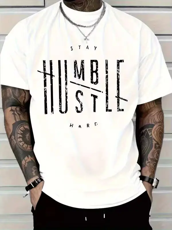Men's Vintage Distressed "Stay Humble Hustle Hard" Graphic Oversized Casual Short-Sleeve Round Neck White T-Shirt, Motivational Menswear Streetwear Tops, Shortsleeve