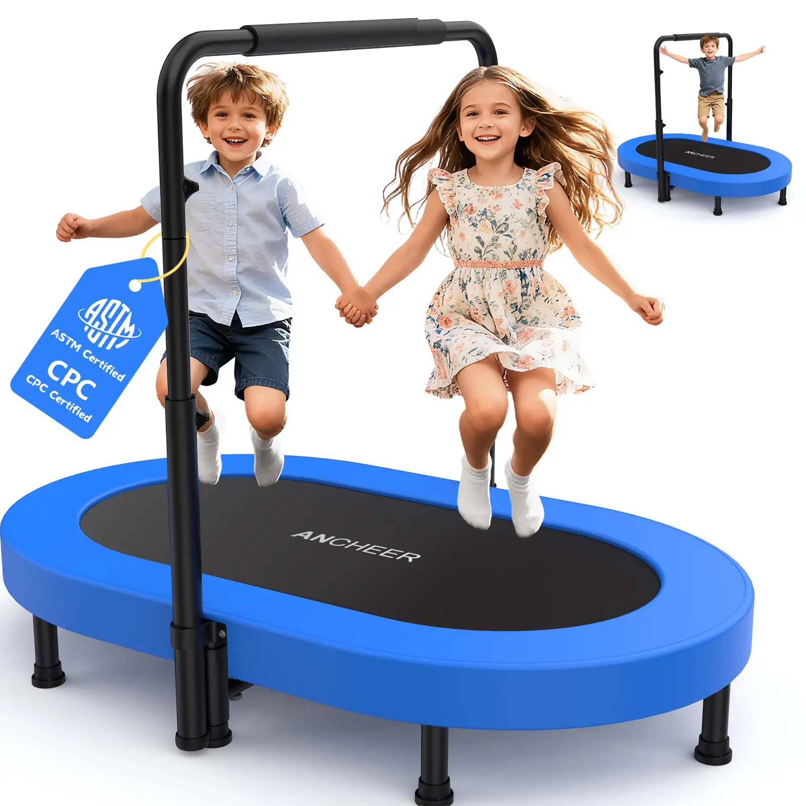 ANCHEER Foldable 56" Toddler Trampoline, ASTM & CPC Certified - Mini Trampoline for Ages 1-8 with Adjustable Handle, Indoor/Outdoor Kids Trampoline, Foam Handle & Safty Pad, Easy to Assemble, Supports Up to 200 LBS